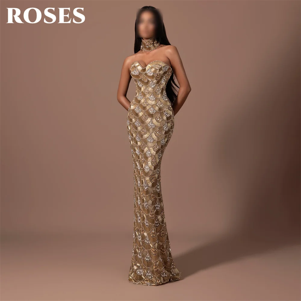 ROSES Golden Party Dress Sweetheart Sleeveless Evening Dresses Full Beaded Bodice Trumpet فساتين السهرة for Wedding Customized