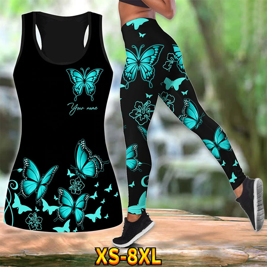 Ladies Butterfly Print Top Vest Set Summer Ladies Travel Gym Exercise Yoga Pants Quick Dry Plastic Butt Breathable XS-8XL