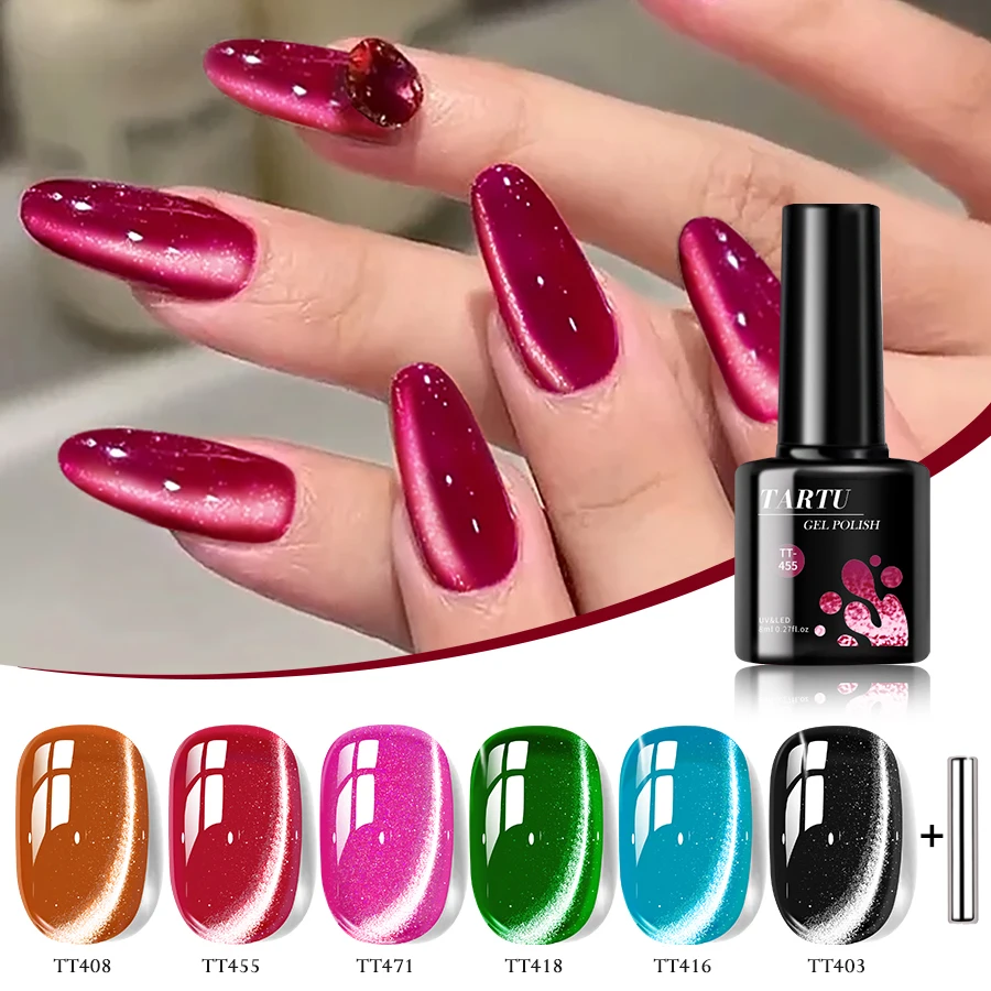 Set di smalti gel da 6 colori Cat-Eye viola, rosa, nero, giallo e verde da 8 ml, smalto glitter olografico con infusione LED/UV
