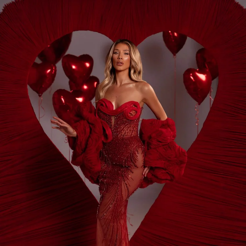 신상 디자인 스팽글 비즈 시스루 메쉬 스트랩리스 드레스 고급 파티 이브닝 가운