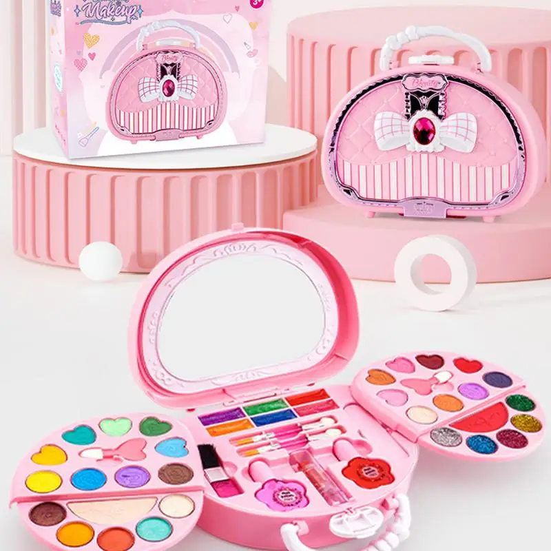 Kids Makeup Box Kit Princess Washable Makeup Kits Pink Pretend Beauty Set Real Portable Safe Makeup Toys For Toddler & Kids