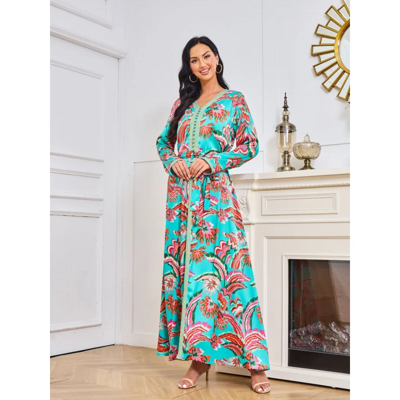 

Mt088 New Middle East Fashion Women's Wear Arab Clothing Multicolor Printing Smooth and Comfortable Dress