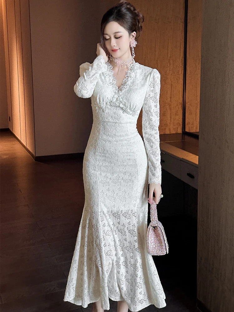 여성의 부드러운 우아한 긴 드레스 여성을위한 달콤한 연예인 화이트 다이아몬드 쉬어 레이스 Fishtail 가운 여성 파티 연회 Vestidos