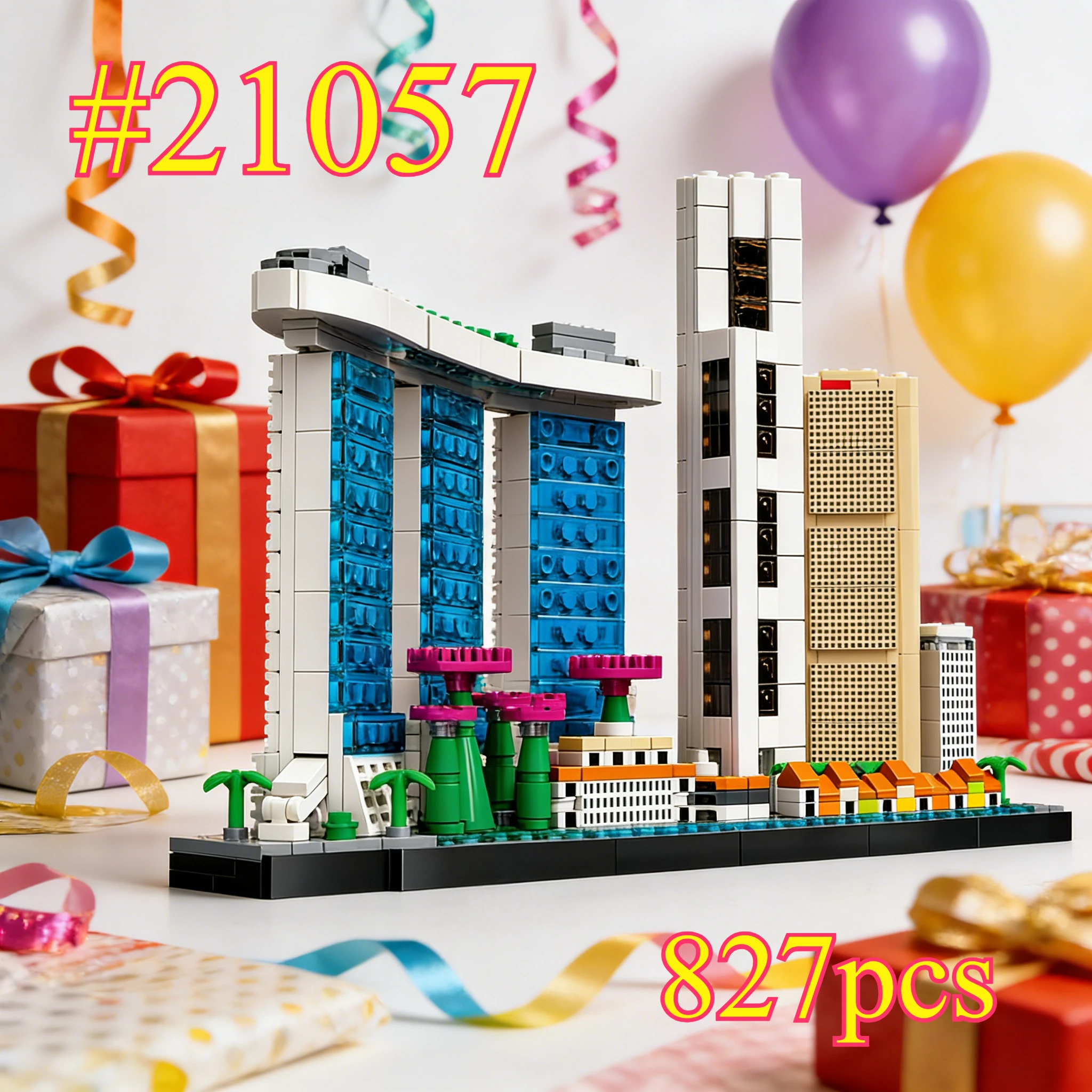 Historische Gebäude in Singapur 21057 Bausteine-Sets, geeignet für Weihnachtsgeschenke, kompatibel mit Legoed Particles, 827 Stück.