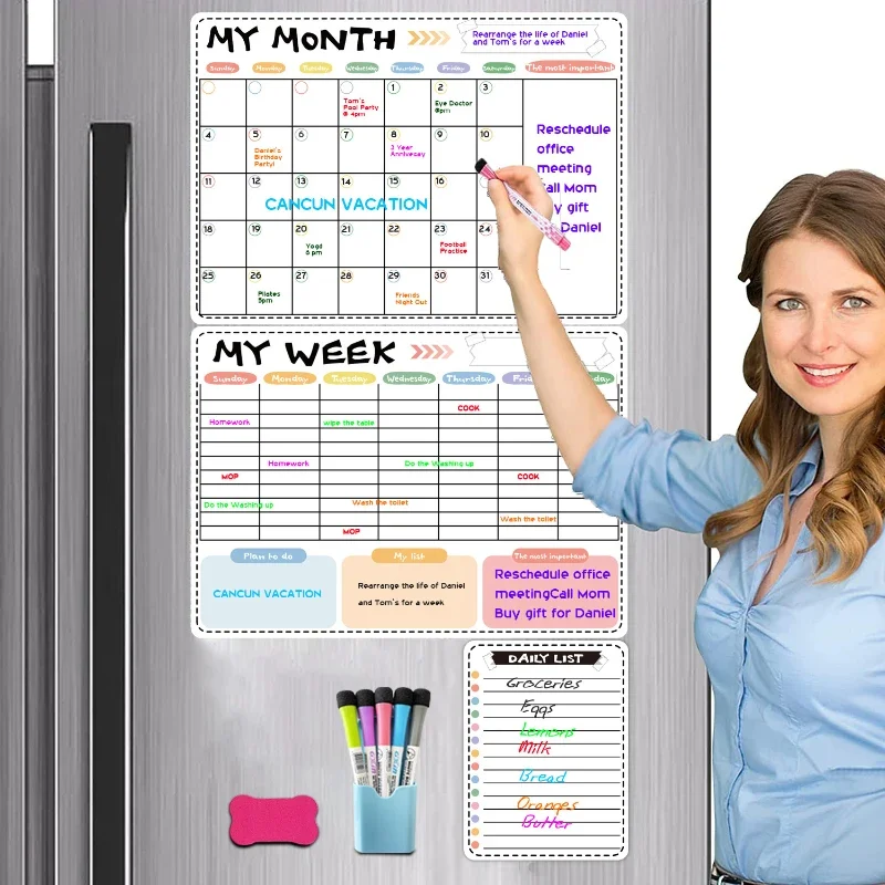 Spanish/English Weekly Monthly Planner Daily Message Magnetic Stickers Soft Whiteboard Fridge Magnets Calendar Removable