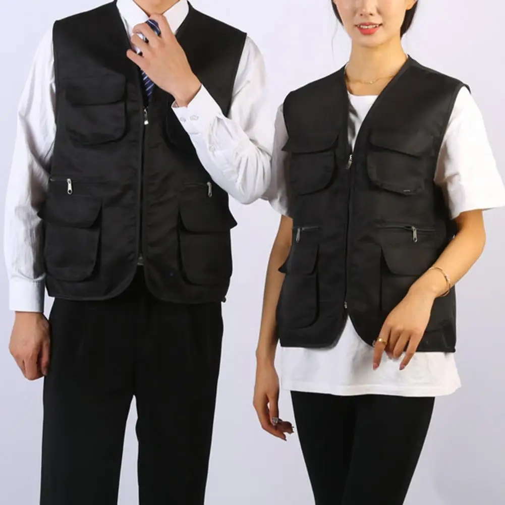 Men Outdoor Waistcoat Sleeveless Multiple Pockets Men Women Vest Working Waistcoat Pure Color Sleeveless Slim Casual Cardigan