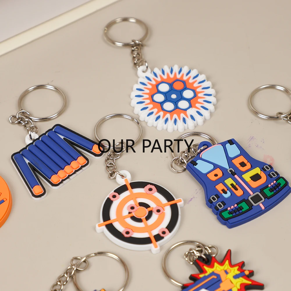 8Pcs Shooting Darts Theme PVC Keychain Ready Aim Fire Backpack Pendant for Boy Birthday Party Favors Goodie Bag Pinata Fillers