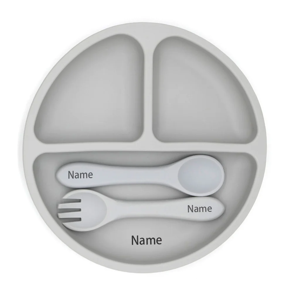 Darmowe nadruki imiennych, silikonowych naczyń dla dzieci: miseczka do karmienia, silikonowy widelec, łyżka, tacka, zestaw do nauki jedzenia, prezent świąteczny.