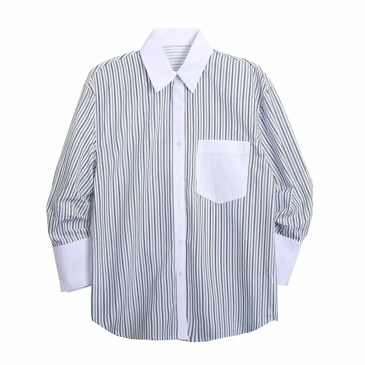 

Women's new fashion pocket decoration loose striped poplin lapel shirt retro long sleeved button up women's shirt chic top