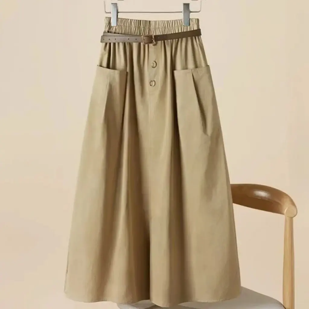 

Summer Women's High Waist Slimming A-Line Skirt with Big Pockets Over-the-Knee Casual Loose Fit Skirt for plus Size