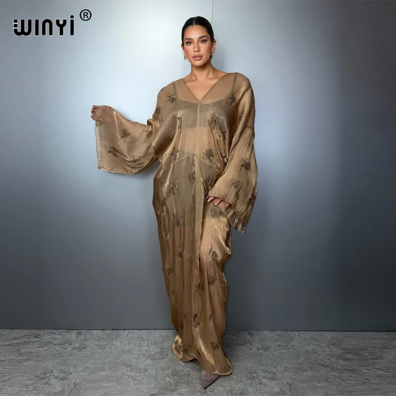 

WINYI Сексуальная мусульманская абайя с глубоким V-образным вырезом и вышивкой для женщин, роскошный пляжный кафтан из Дубая, модная пляжная одежда, женское прозрачное платье