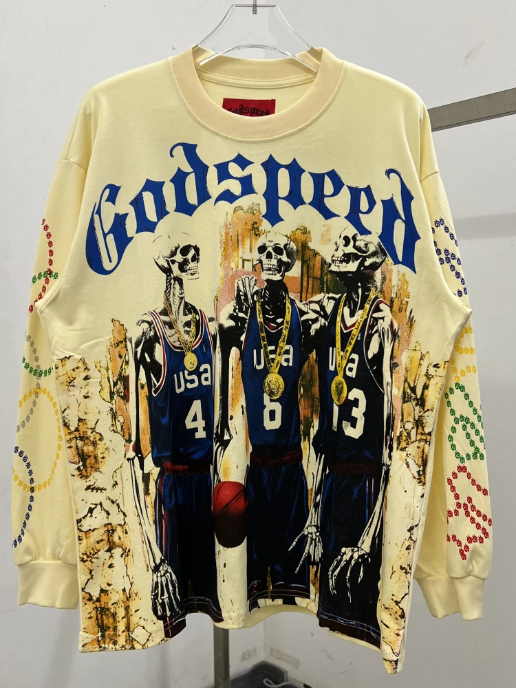 

Высококачественная футболка Godspeed Long Sleeve с принтом черепа, в стиле ретро, американский стиль, мужская базовая футболка, молодежный тренд, хлопок, антибактериальная