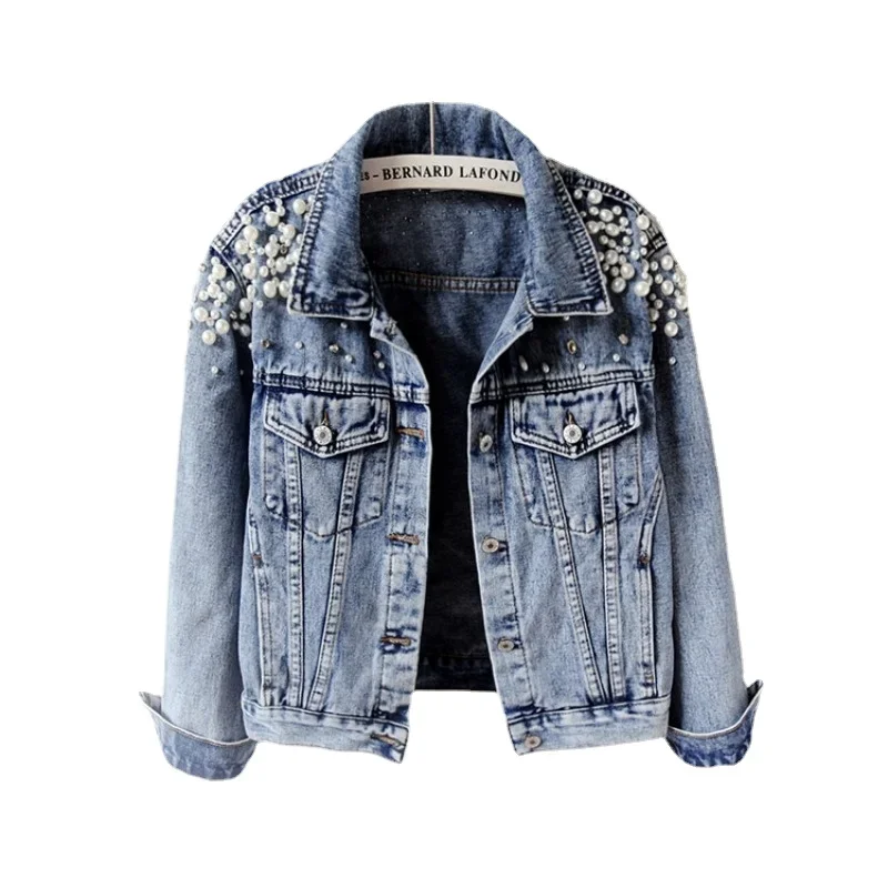 

Women's Denim Jacket Autumn Jackets Inlaid with Pearls Jean Coat Female Short Winter Coat Outerwear for Women