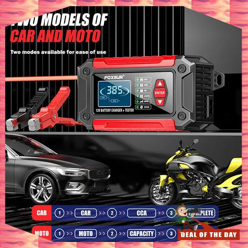 

24-Hour Delivery FOXSUR 2 In 1Smart Car Battery Charger Tester, 12V Car Motorcycle Lead Acid AGM Deep Cycle Lifepo4 Smart Batter