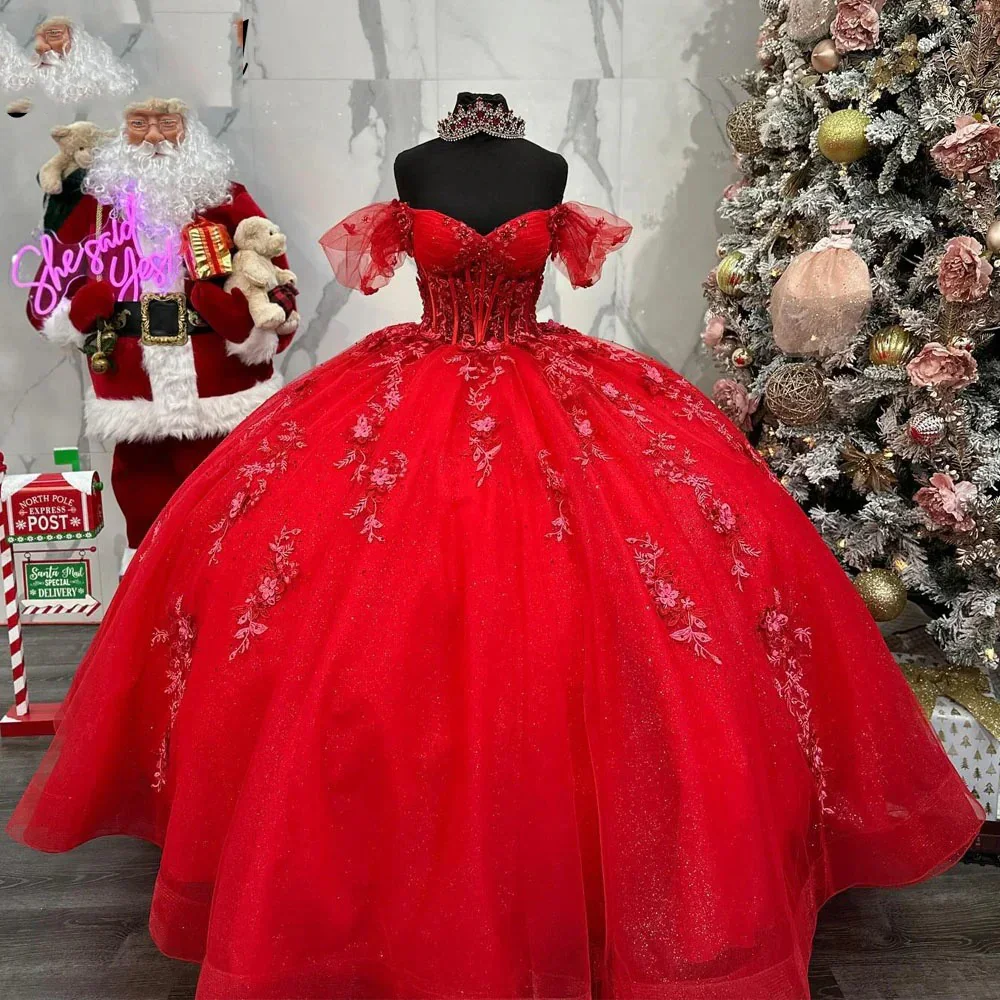 LIYYLHQ Shiny Red Quinceanera Dresses Sweetheart Off Shoulder Applique Lace Corset Beads Tulle Ball Gown Princess Birthday Gown