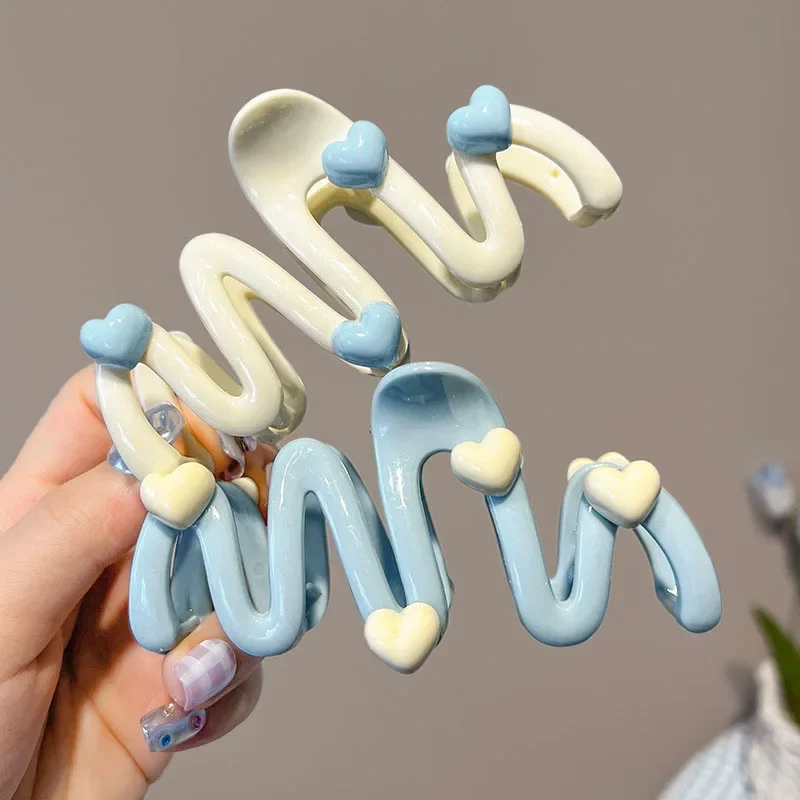 Cream Color Blue Heart Wave Shaped Hair Claw Clips For Women Sweet Cute Irregular Shark Clip 10.5CM Large Ponytail Clip Hairpins