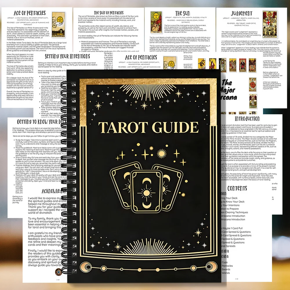 1 Spiral-Notizbuch, opulentes, schwarz-goldenes Spiral-Notizbuch mit Tarot-Karten-Motiv, zum Aufschreiben von Tarot-Anleitungsinhalten