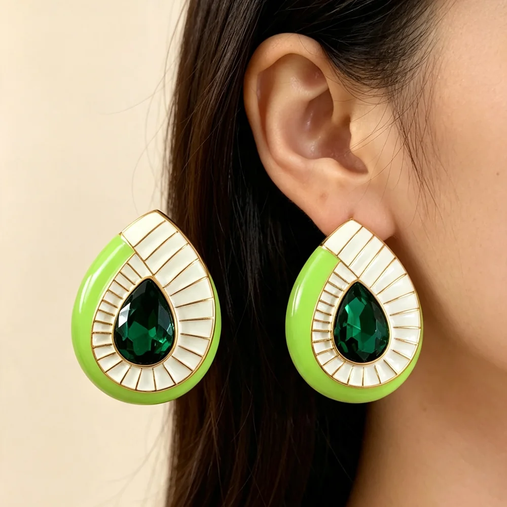 Color collision green white enamel oil droplets emerald light luxury daily party vacation ladies earrings