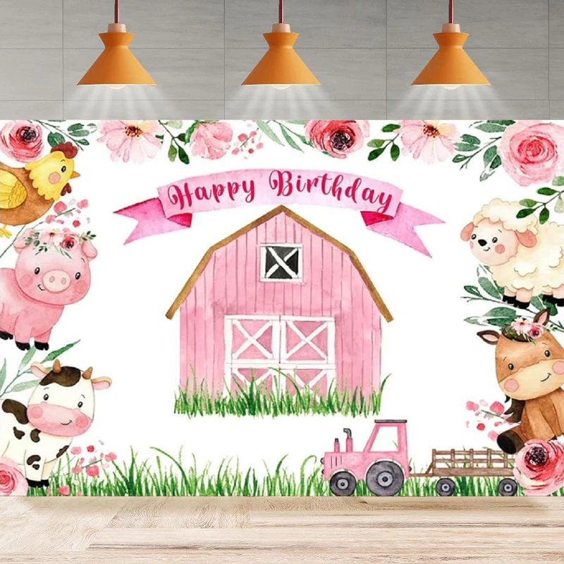 Photography Backdrop Floral Farm Animals Girl Happy Birthday Background Pink Barnyard Grass Party Backdrop Wall Banner Decor