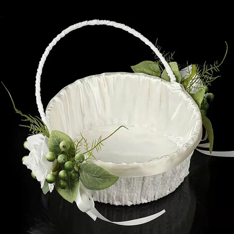 1/2pcs Woven Flower Girl Basket Decor with White Roses, Green Leaves and Berries,For Wedding Party Decor(diameter：7.87inch/20cm)