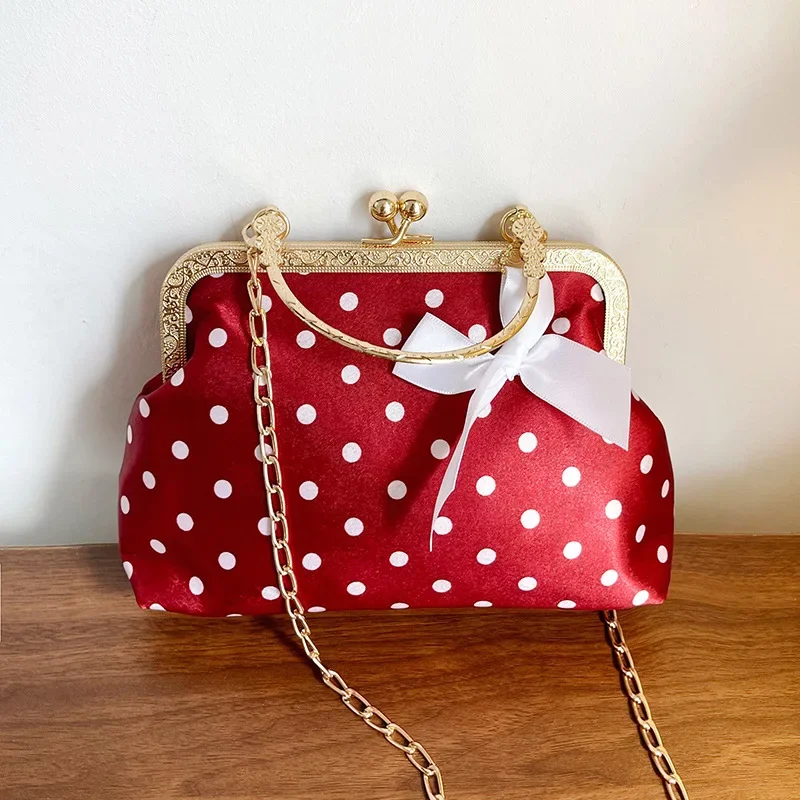 

Retro Polka Dot Lock Shell Handbag, Niche Sweet Bow Decor Chain Crossbody Shoulder Bag, Elegant Casual Purse for Women