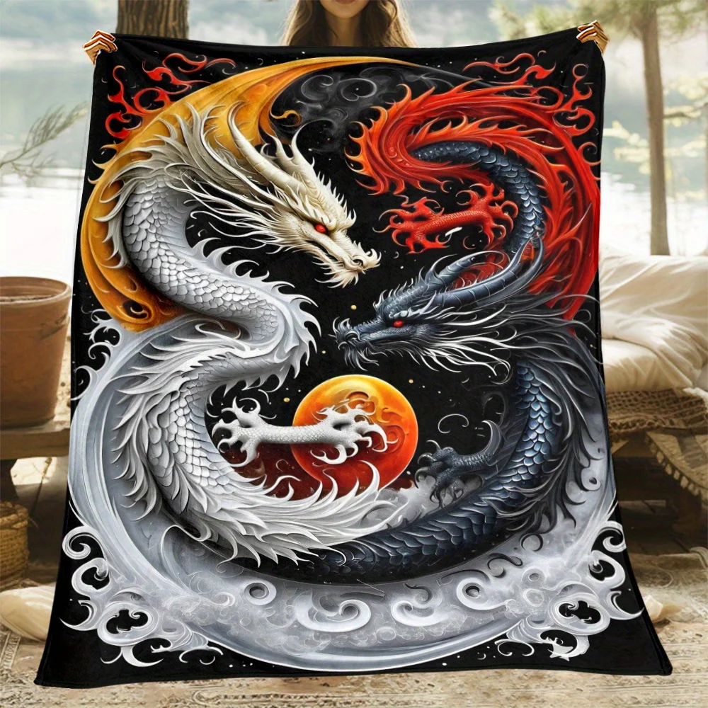 Dragon Yin Yang Throw, Balanced Design Flannel Blanket, Soft Portable for Travel, Zen Inspired Home Decor Gift