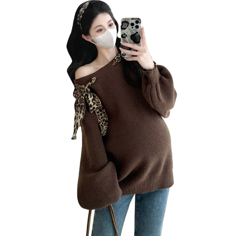 سترة الأمومة خريف شتاء جديد ليوبارد طباعة وشاح التفاصيل قبالة الكتف فضفاض متماسكة أعلى دافئ أنيق للنساء الحوامل