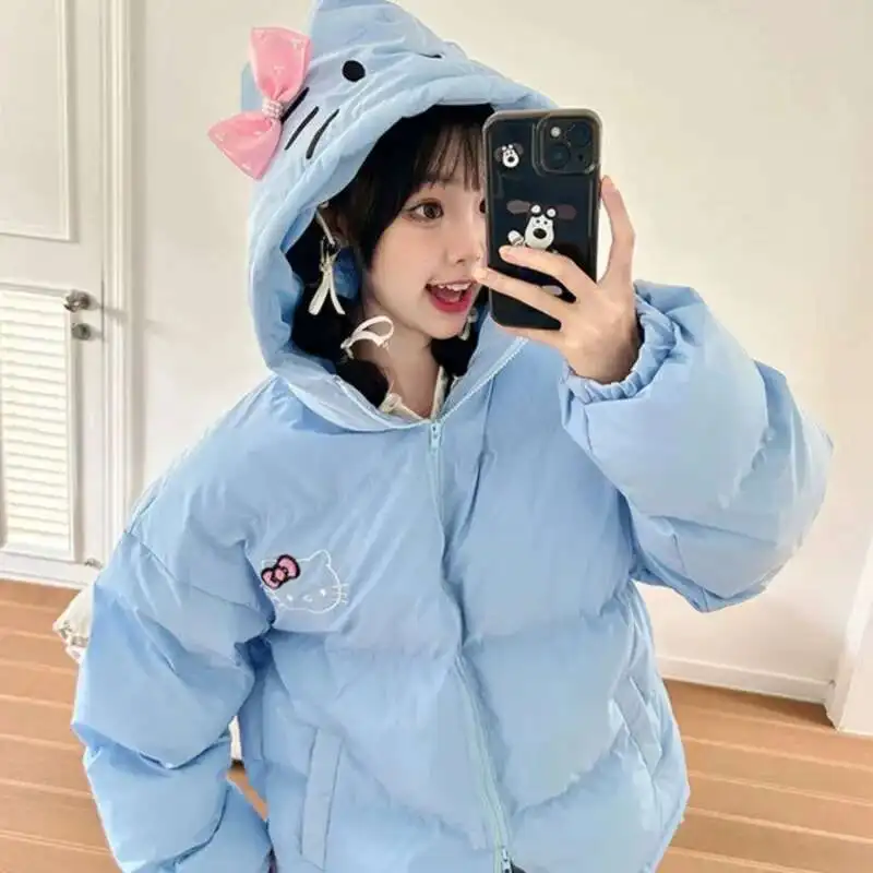 Miniso Plus Size Hellokitty Y2k Cotton Coats Girls Kitty Ear Decor Kawaii Zipper Jacket Cute Cartoon Warm Hooded Coats For Women image 3