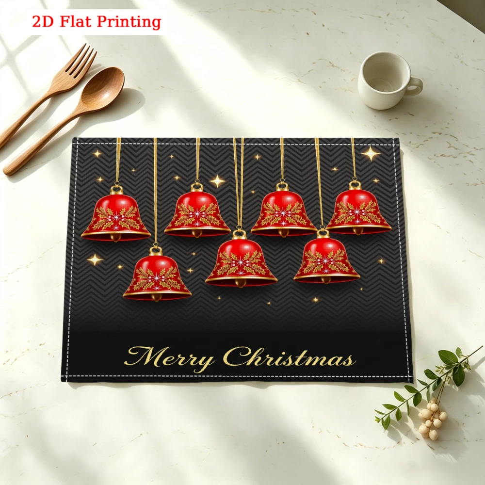 Red Bells On Black Background Kitchen Placemat Coaster Linen Pad Dish Coffee Cup Table Mat 30x40cm Home Decor