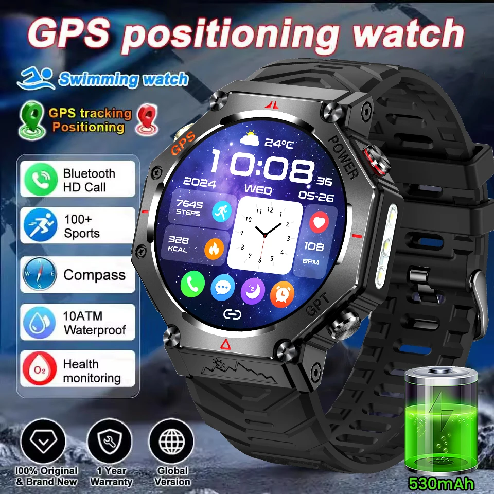 

New Outdoor Built-in GPS Men Smart Watch Compass 530mAh Battery 10ATM Waterproof Bluetooth Call Adult Sports AOMLED Smartwatches