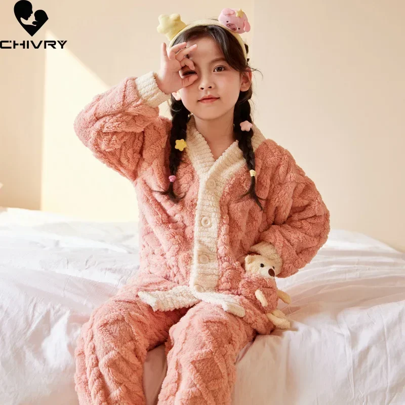 New Autumn Winter Kids Thicken Warm Flannel Pajamas Baby Boys Girls Cartoon Bear V-neck Casual Sleepwear Clothing Sets Pyjamas