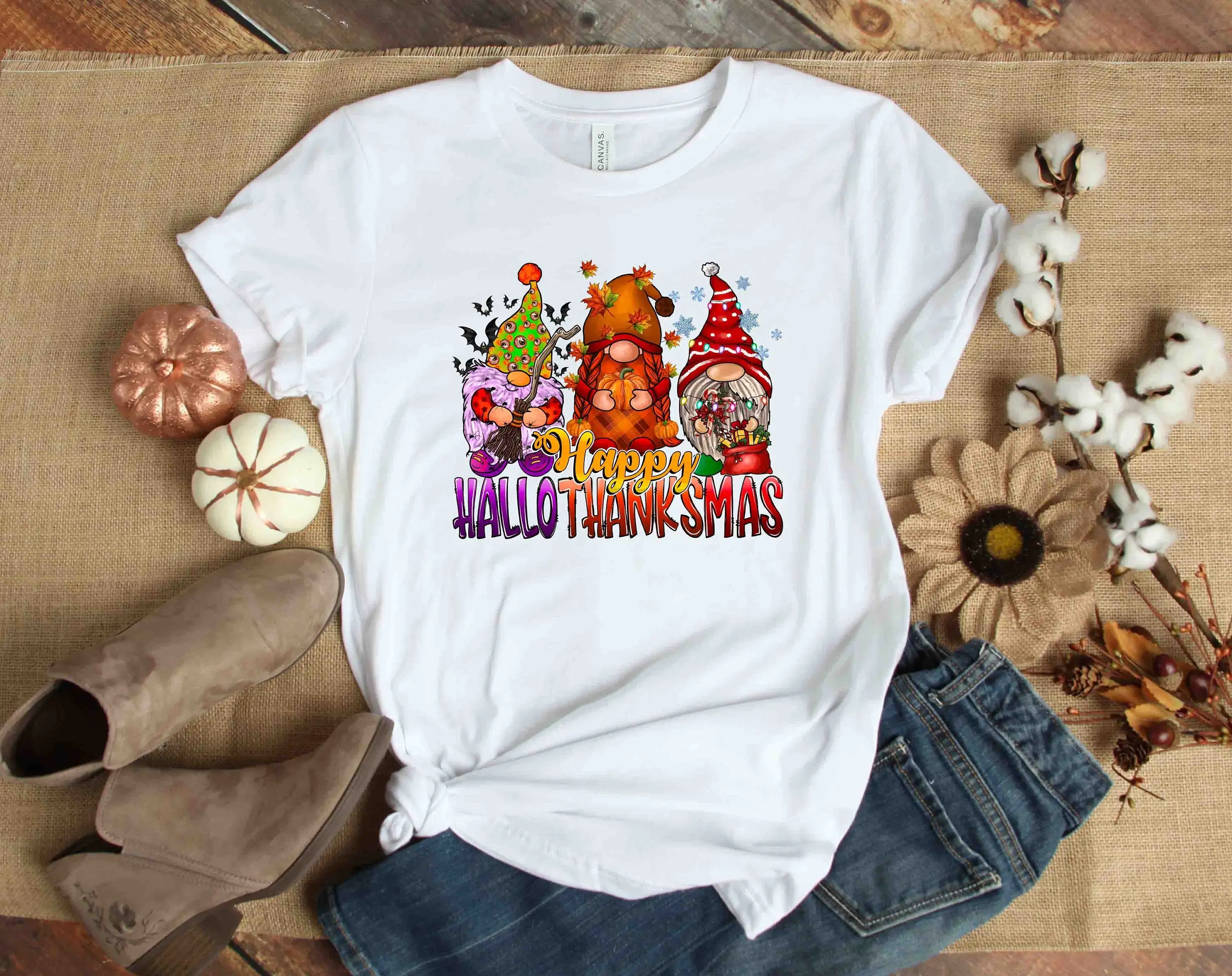 Happy Hallothanksmas Gnome T Shirt Halloween Thanksgiving Christmas Lover Gnomes