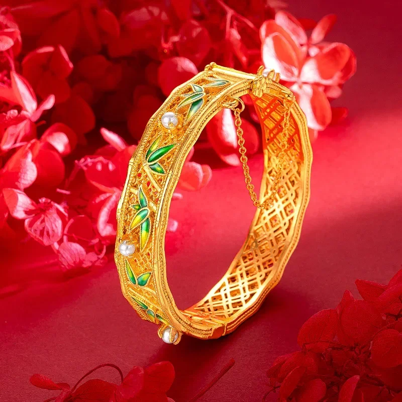 9999 Real Gold 24K Flower Silk Craft Palace Ancient Gold Enamel Bamboo Bracelet Vintage Enamel Bamboo Leaf Bamboo Pearl Bracelet