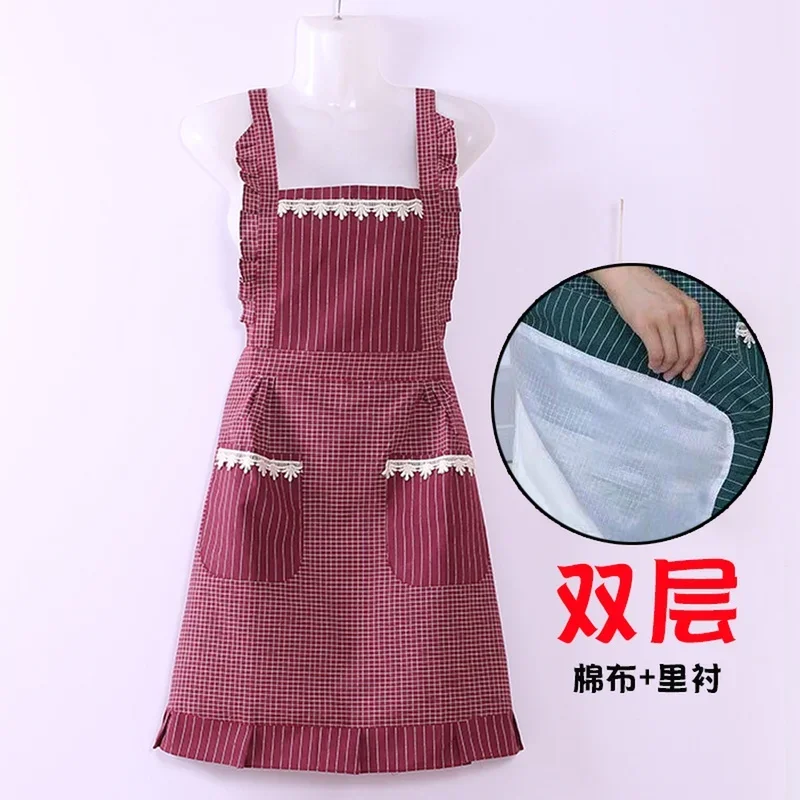 Double-layer suspenders pure cotton linen princess ruffled apron female household kitchen antifouling cute fashion overalls