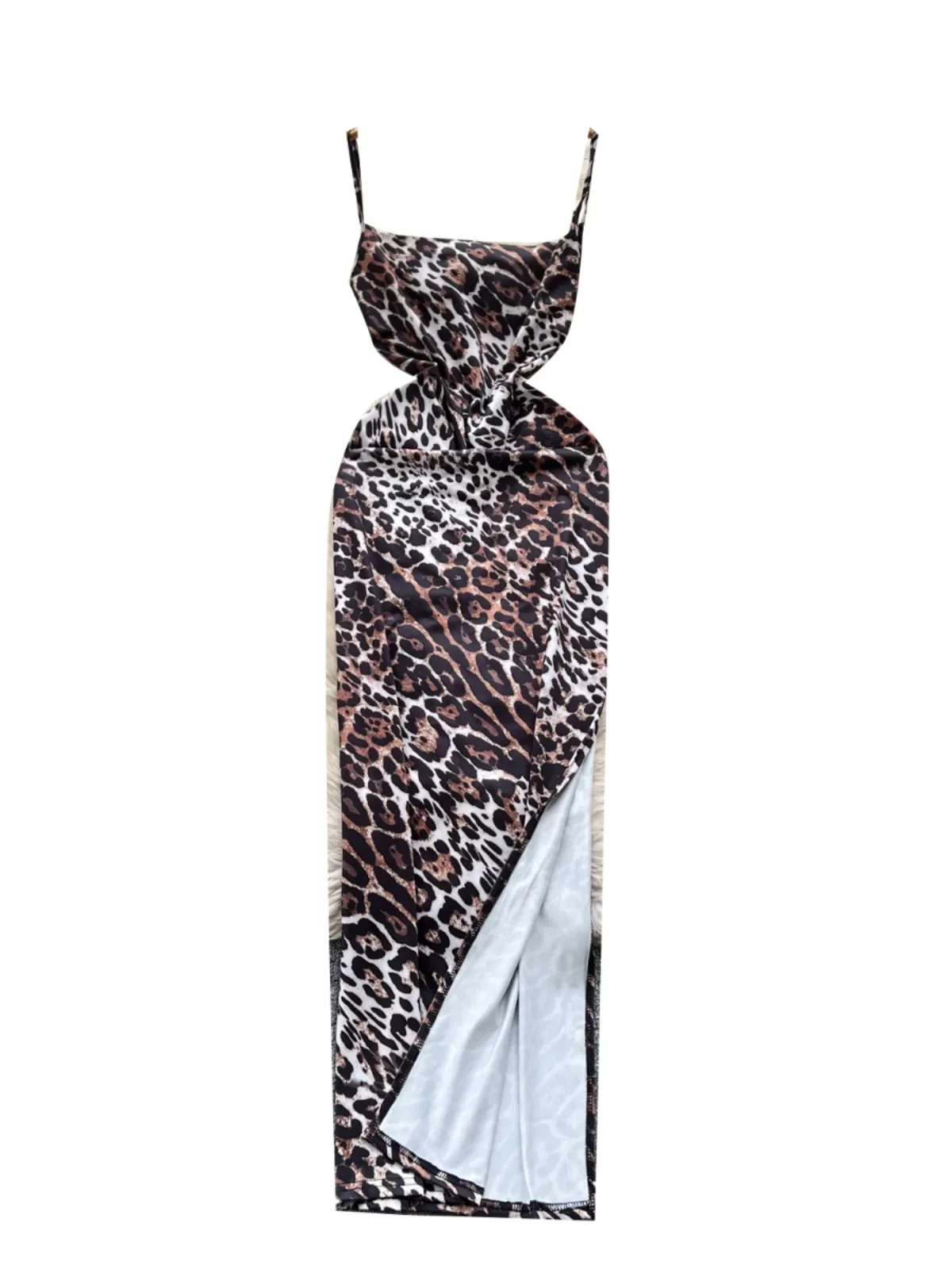 2025 New Leopard Print Cut Out Dress Women Side Slit Slim Bodycon Maxi Dress Sexy Party Club Gown with Spaghetti Strap dress