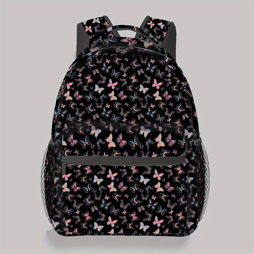Shoulder Straps Vibrant Butterfly Floral Print on Black Perfect for Daily Outings Travel Travel Backpack Trendy Backpack