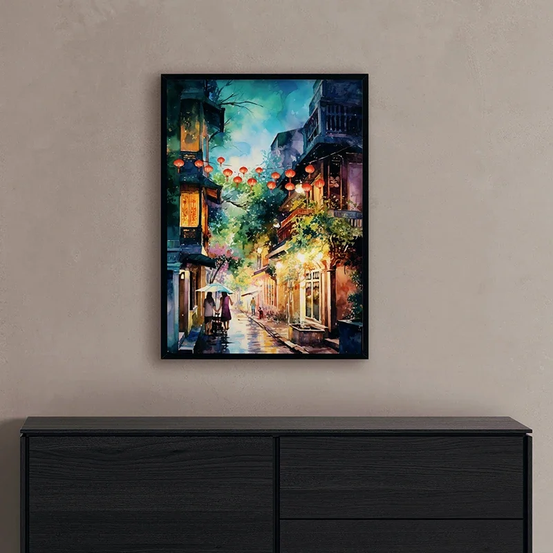 1PCS frameless Vietnamese Village Poster Asian Market Scene Canvas Painting Vintage Watercolour Wall Art Picture for Living Room