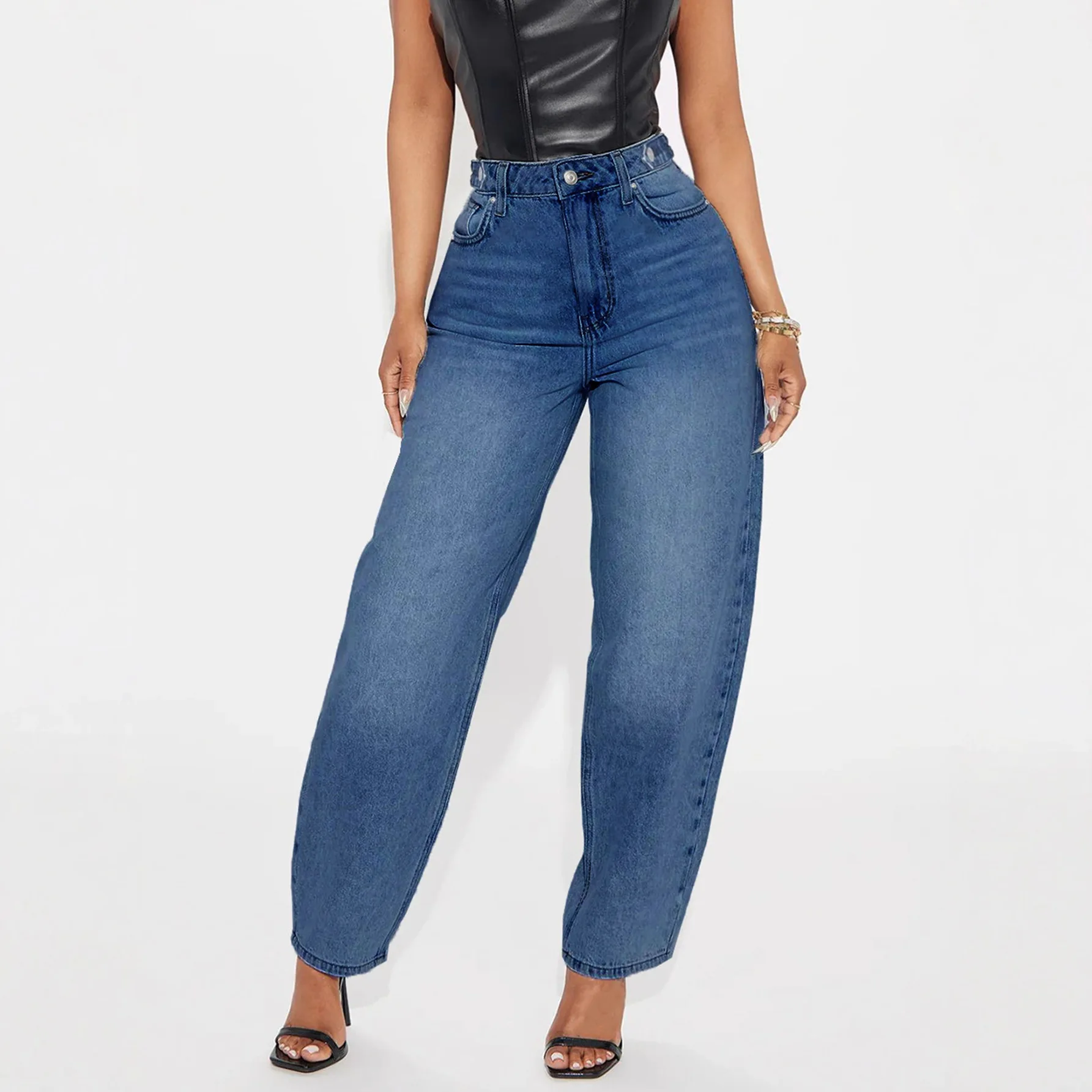 

Women's Loose Casual Harlan Jeans Lantern Washed Blue Denim Cotton Viscose Blend Comfortable Straight Leg Trousers