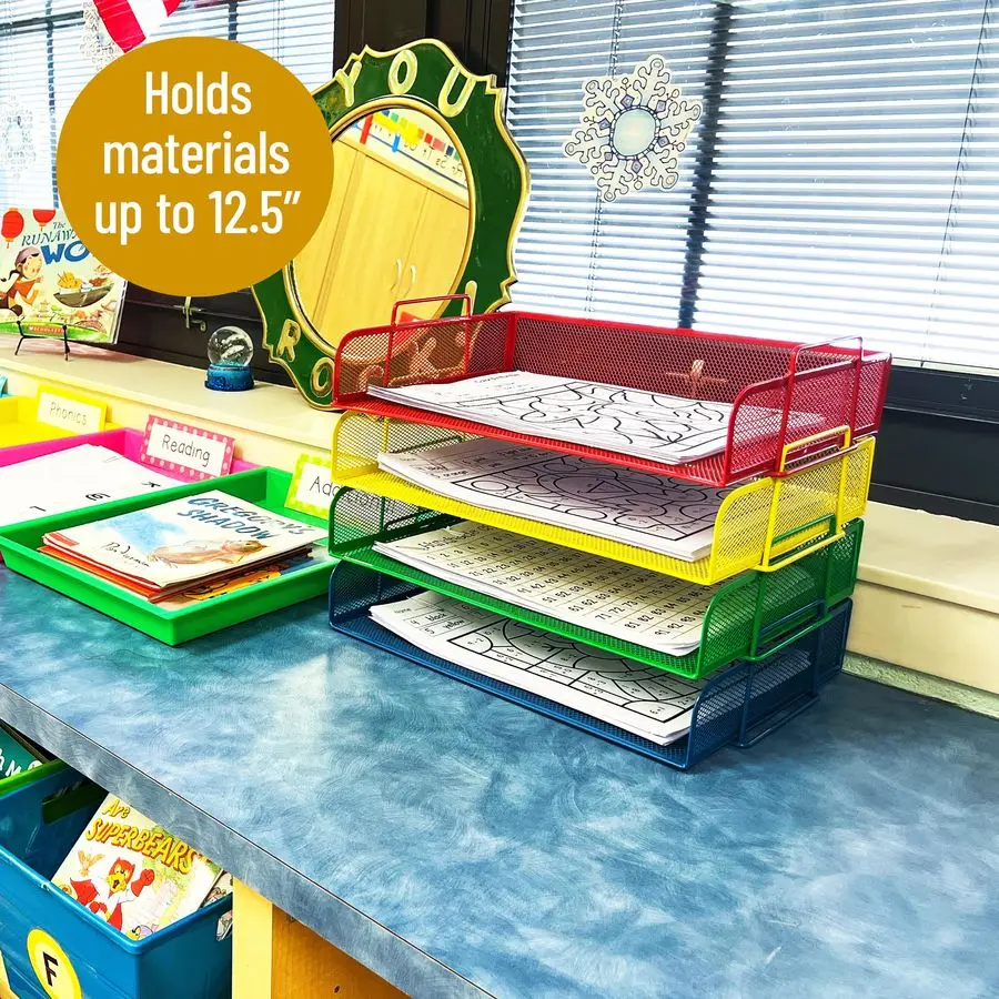 

Stackable Paper Tray, Classroom Organizer, File Storage, Teachers, Metal Mesh, 4 Pcs., MultiColored