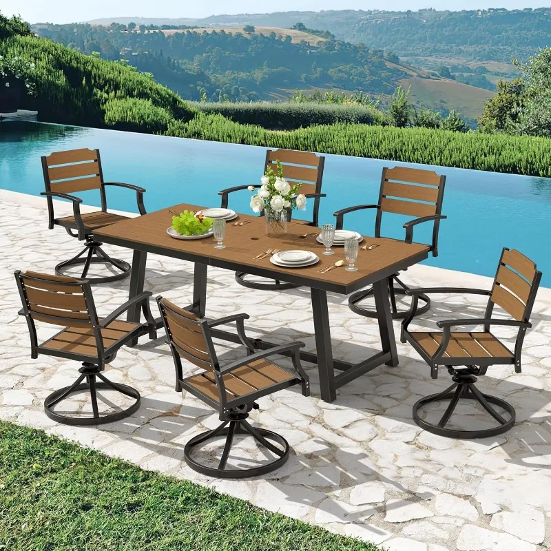 Chairs Set 7Pcs,HDPS Patio Dining Set Swivel Rocking with Umbrella Hole, Aluminum Frame with HDPS Seat, Bullard