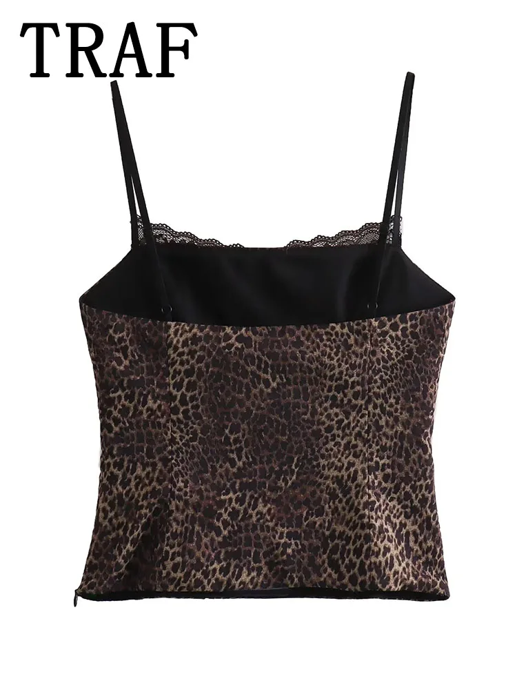 TRAF 2024 Leopard Print Crop Top Female Off Shoulder Short Tops For Women Sleeveless Backless Tank Top Woman Sling Sexy Tops