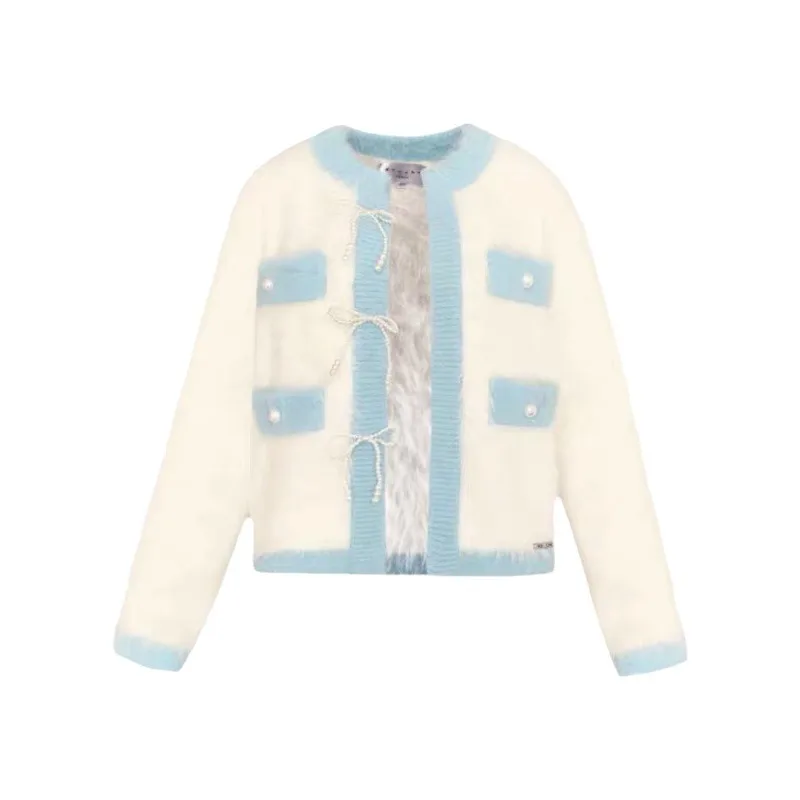 Celebrity Kroche Pearl Bow Mink Fur Cardigan New Style Temperament Round Neck Cream Sweater Jacket