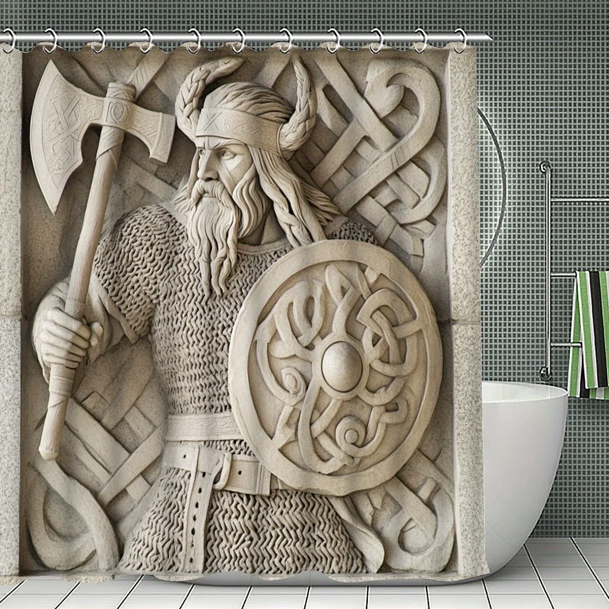 4pcs Nordic Handheld Shield Viking Warrior Relief Pattern Shower Curtain Set, Bathroom Curtains, Bathroom Decorative Shower