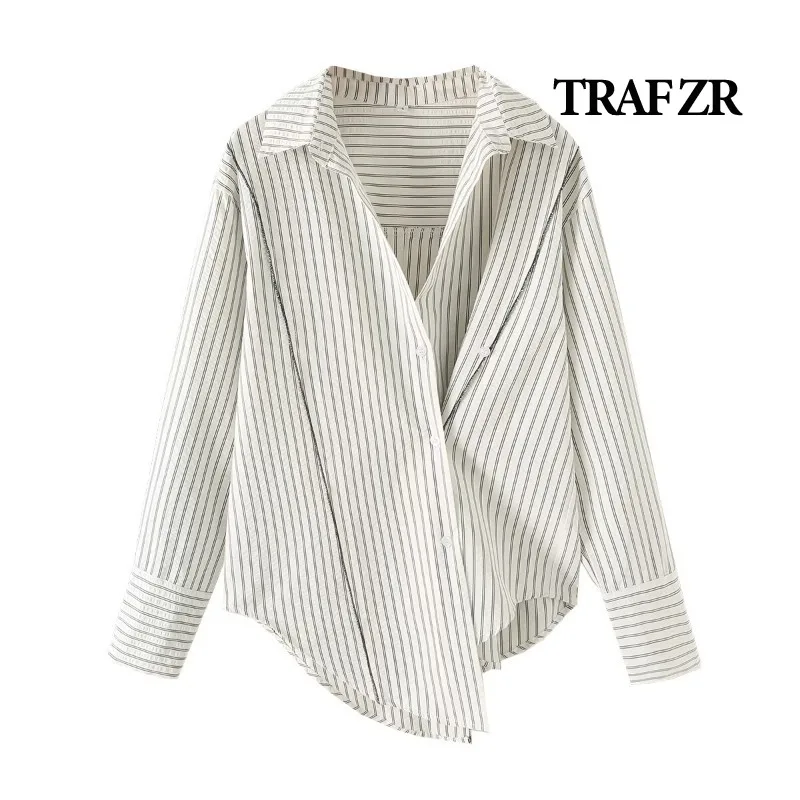 TRAF ZR Blouses for Lady Asymmetrical Striped Shirts Autumn Women\'s Shirt Long Sleeve Shirt Harajuku Fashion Vintage Blouse