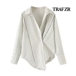 TRAF ZR Blouses for Lady Asymmetrical Striped Shirts Autumn Women's Shirt Long Sleeve Shirt Harajuku Fashion Vintage Blouse