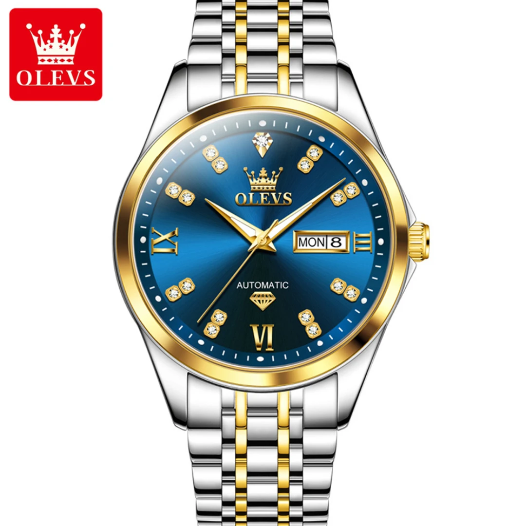 OLEVS 9801 Fashion Mechanical Watch Gift Round-dial Stainless Steel Watchband Wristwatch Week Display Calendar Luminous