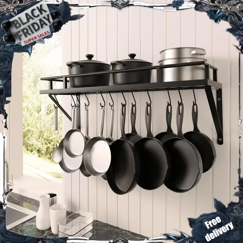 30-Inch Kitchen Pan Pot Rack Wall Mounted Hanging Storage Organizer Wall Shelf with Hooks Matte Black