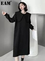 [EAM] Women Black Big Size Long Thick Dress New Peter Pan Collar Long Sleeve Loose Fit Fashion Tide Spring Autumn 2024 1DF3220