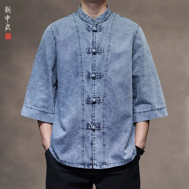

Летняя мужская тонкая дышащая повседневная джинсовая рубашка большого размера с коротким рукавом, винтажная, на пуговицах, универсальная, из хлопка