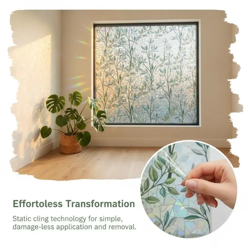 Static Cling Stained Glass Window Film Green Leaf Pattern Privacy Protection Light Transmitting For Home Kitchen Office Bathroo